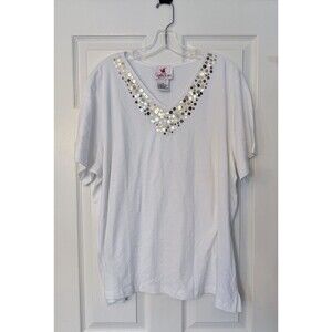 NWOT Quacker Factory Gold Sequin vneck White women’s shirt top 2X XXL 2XL